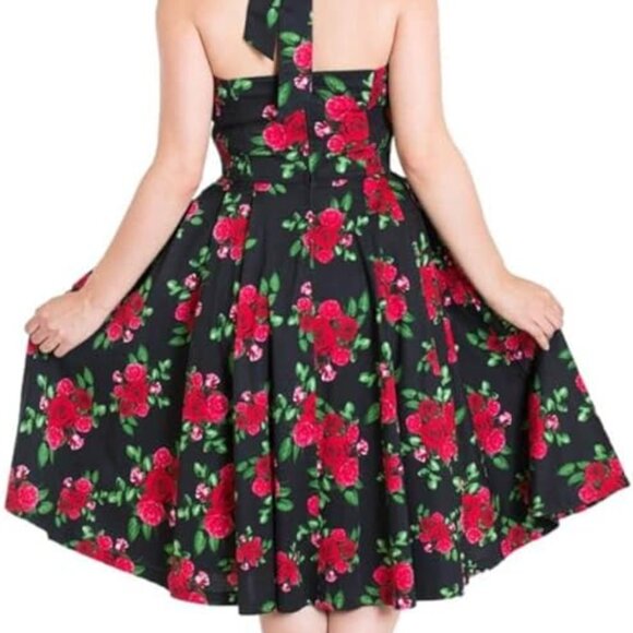 X-Small NWT Hell Bunny Cannes Retro Gothic Floral Rose Holiday Halter Dress - Picture 4 of 9